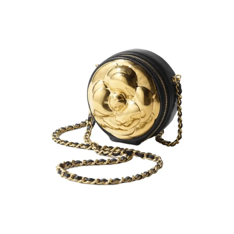 CHANEL Lambskin One Shoulder Crossbody Clutch Women's Gold & Black-4
