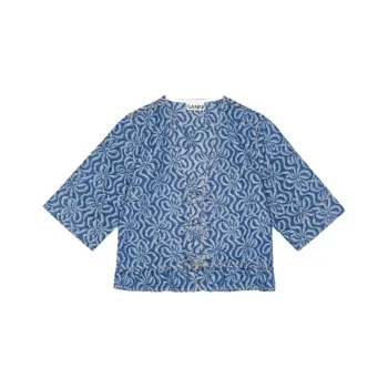 GANNI Acquard Denim Flounce Tie Blouse Shirt Women's Blue