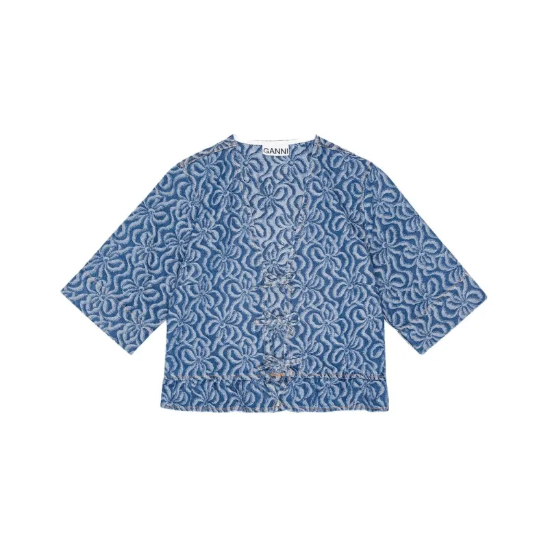 GANNI Acquard Denim Flounce Tie Blouse Shirt Women's Blue-0