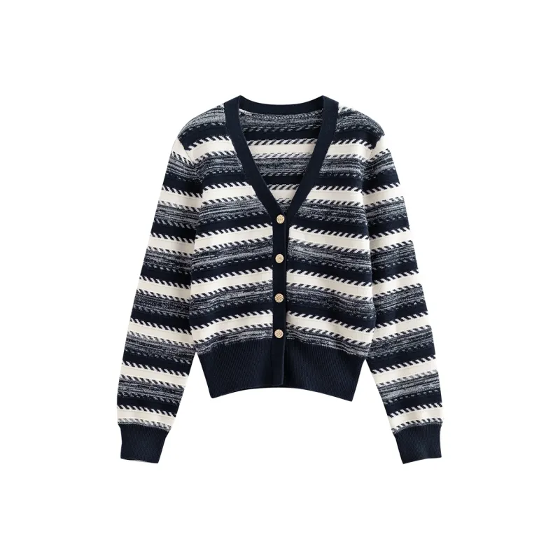 Initial Language Knitwear Women's Navy Blue White Stripes-0