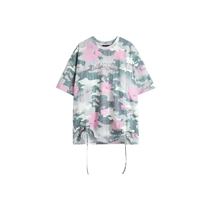 LALABOBO Drop Shoulder Sleeve T-Shirt Women's Camouflage Color Blocking-0
