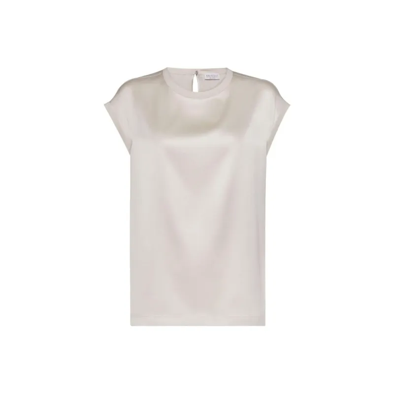Brunello Cucinelli Cap Sleeved Crewneck Satin Blouse-0