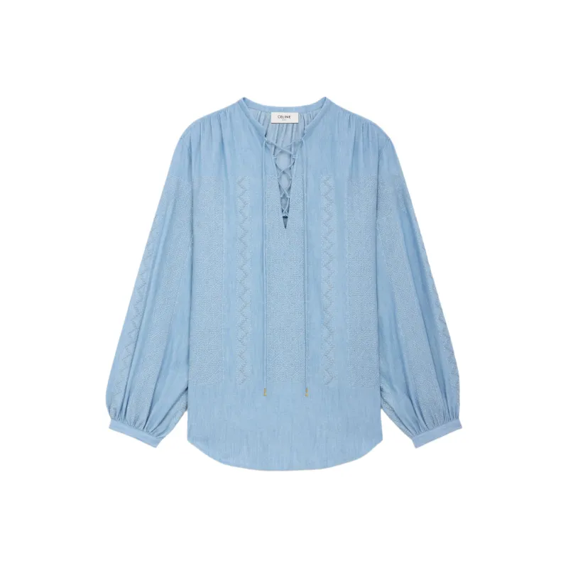 CELINE Embroidered Romy Blouse In Chambray Cotton-0