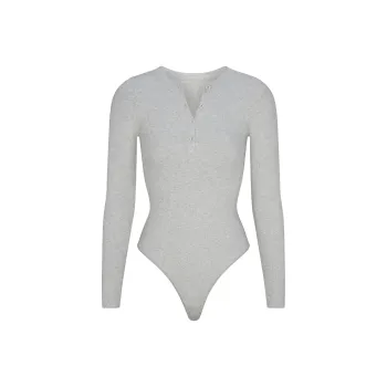 SKIMS FW24 Cotton Collection COTTON RIB LONG SLEEVE HENLEY BODYSUIT Bodysuits Women's Light Heather Grey/Ash Gray
