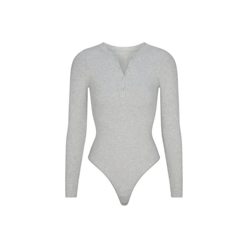 SKIMS FW24 Cotton Collection COTTON RIB LONG SLEEVE HENLEY BODYSUIT Bodysuits Women's Light Heather Grey/Ash Gray-0