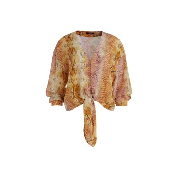 GUESS Sonora Silk Tie-Front Blouse Shirt Women's Orange