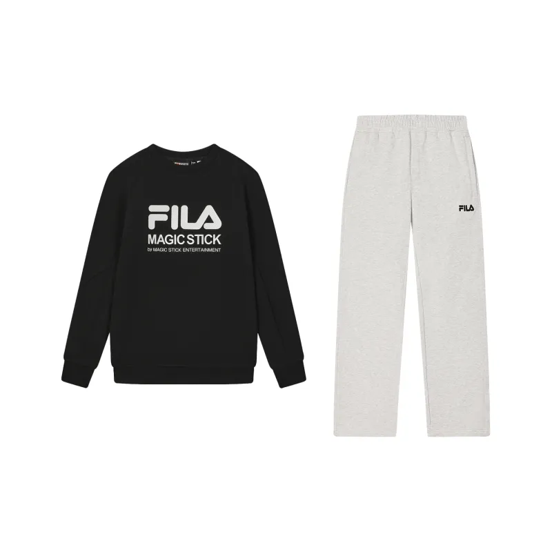 FILA Casual Sportswear Men Clothing Sets Jet Black Sweatshirt+Moonlit Heather Gray Pants-0