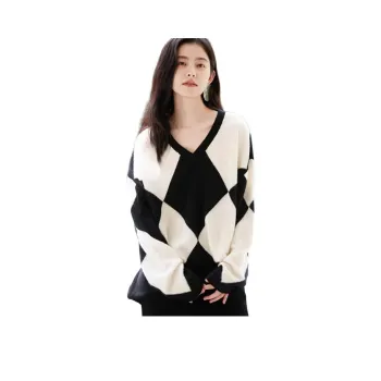 SNOWFORTE Cashmere Sweater Women's Black White Plaid
