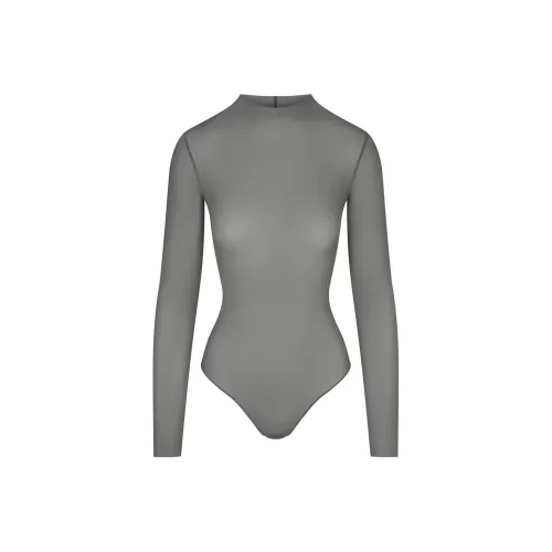SKIMS MILKY SHEER MOCK NECK LONG SLEEVE BODYSUIT Bodysuits Women's GUNMETAL/Bronze
