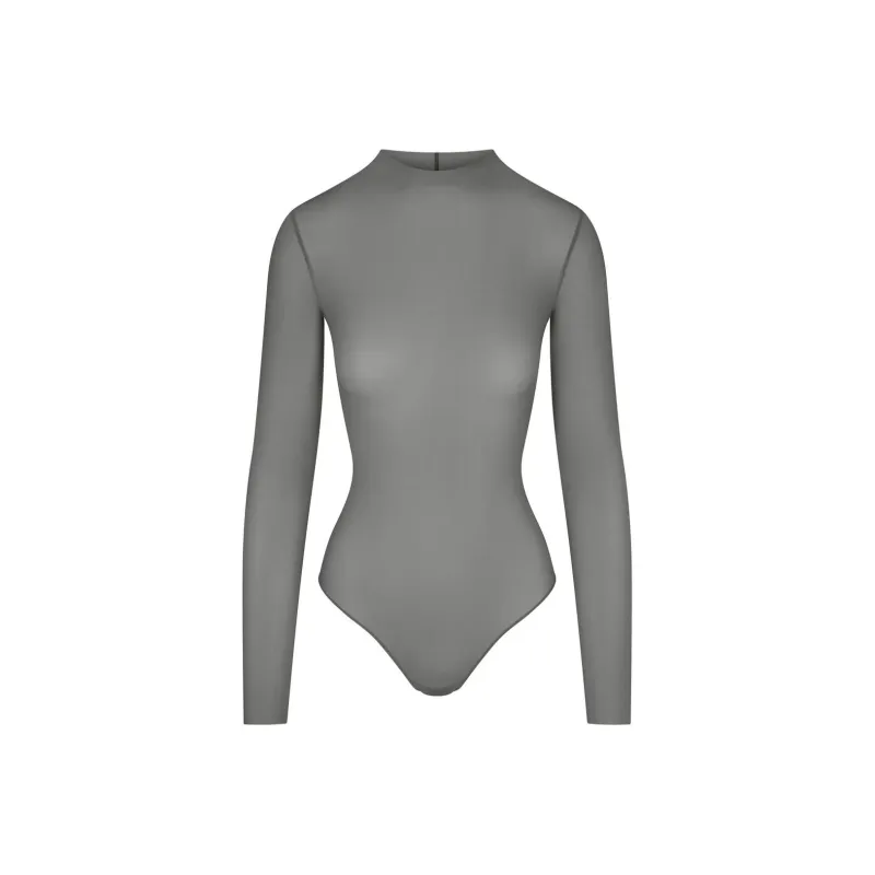SKIMS MILKY SHEER MOCK NECK LONG SLEEVE BODYSUIT Bodysuits Women's GUNMETAL/Bronze-0