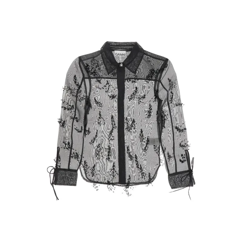 GANNI Semi Sheer Fringed Long Sleeved Shirt-0