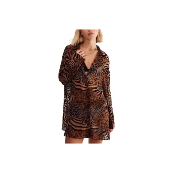 NASTY GAL Devore Leopard Zebra Oversized Sheer Shirt Shirt Women's Tan