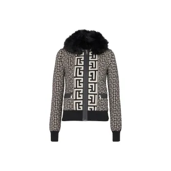 BALMAIN Faux Fur Collar Monogram Jacket