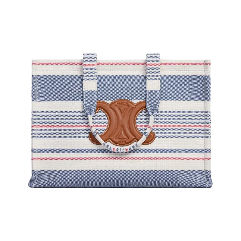 CELINE Cabas Thais Fabric With Cow Leather Trim Tote Bag, Shopping Bag, Shoulder Bag Tubas Women's Blue & Multicolor-0