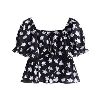 PLANE DRIFT Shirt Women's Black With Purple Floral