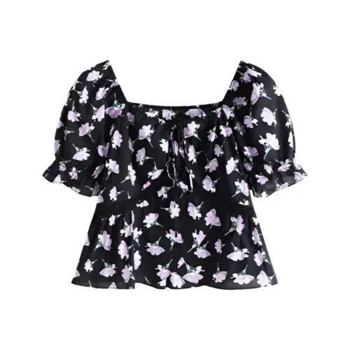 PLANE DRIFT Shirt Women's Black With Purple Floral