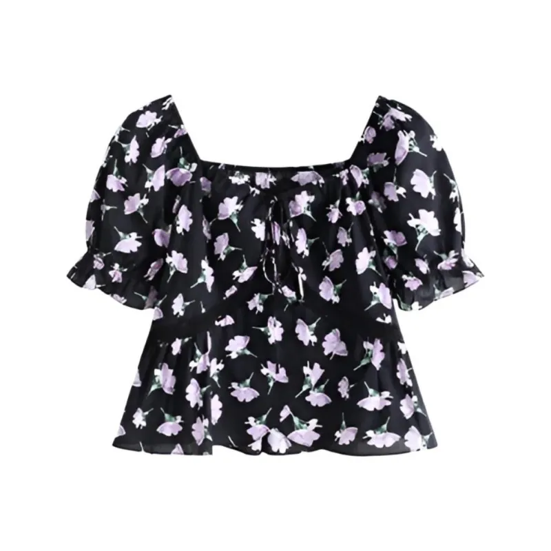 PLANE DRIFT Shirt Women's Black With Purple Floral-0