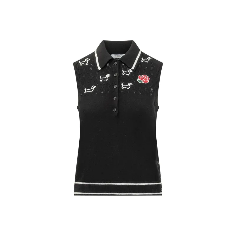 THOM BROWNE Hector Embroidered Knitted Polo Top-0