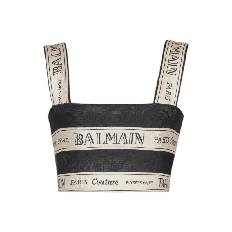 BALMAIN Logo Ribbon Jacquard Crop Top-0