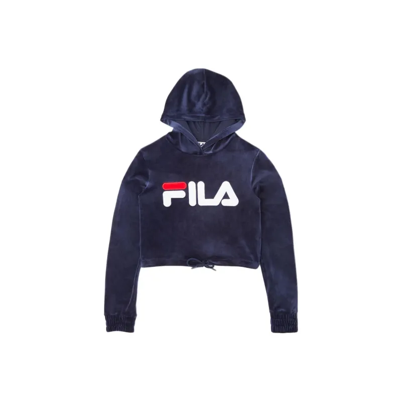 FILA Aitana Crop Velour Hoodie Sweatshirt Women's Marine Blue-0