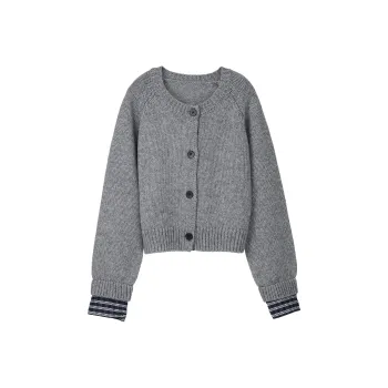 Fstudio Fall And Winter Fresh Look Petite Patchwork Knitted Fabric Coat Cardigan Women's Gray
