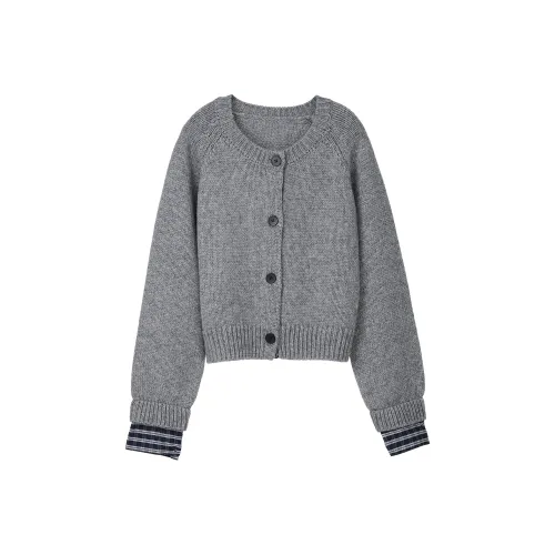 Fstudio Fall And Winter Fresh Look Petite Patchwork Knitted Fabric Coat Cardigan Women's Gray
