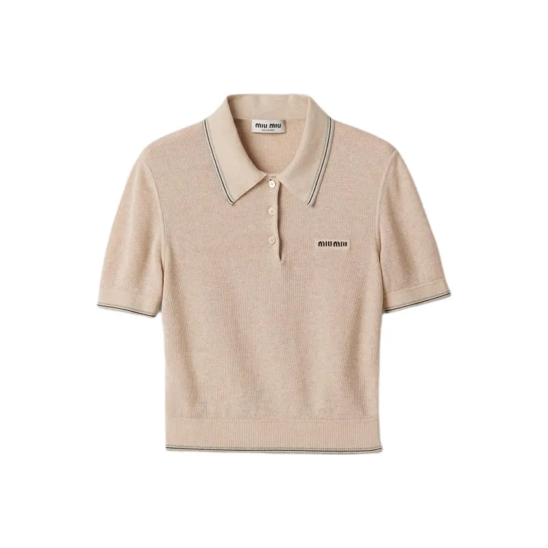 MIU MIU Cotton Knit Polo Shirt Sand Beige-0