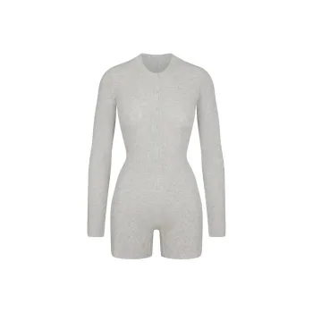 SKIMS WAFFLE BUTTON UP HENLEY ONESIE Bodysuits Women's LIGHT HEATHER GREY/Light Gray