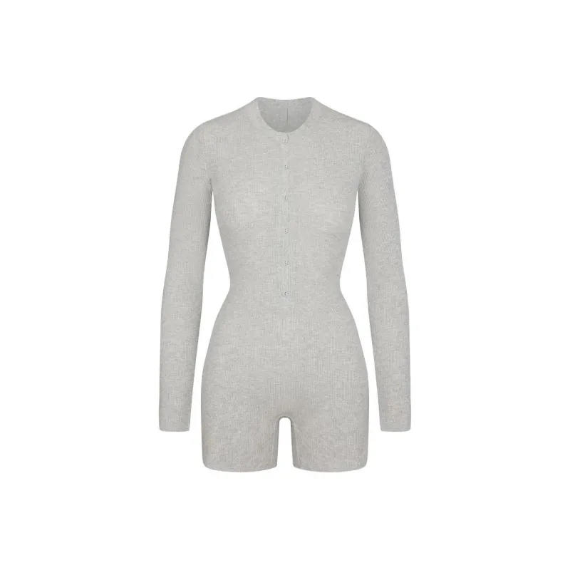 SKIMS WAFFLE BUTTON UP HENLEY ONESIE Bodysuits Women's LIGHT HEATHER GREY/Light Gray-0