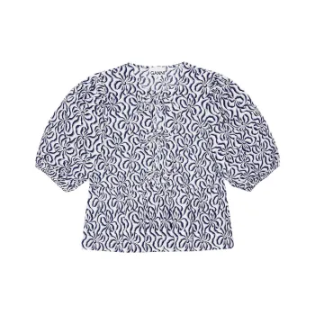 GANNI Printed Cotton Peplum Blouse Shirt Women's White Egret