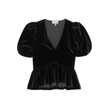 GANNI Velvet Jersey V-Neck Blouse