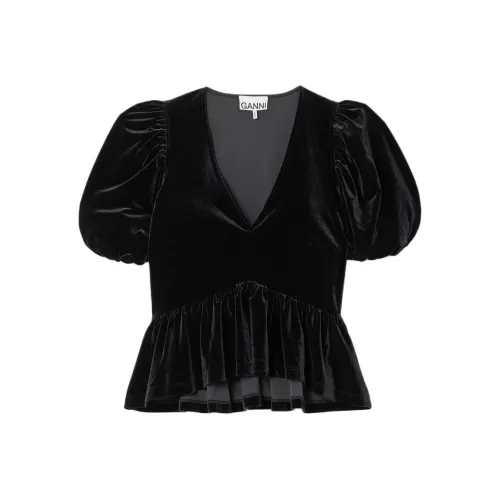 GANNI Velvet Jersey V Neck Blouse