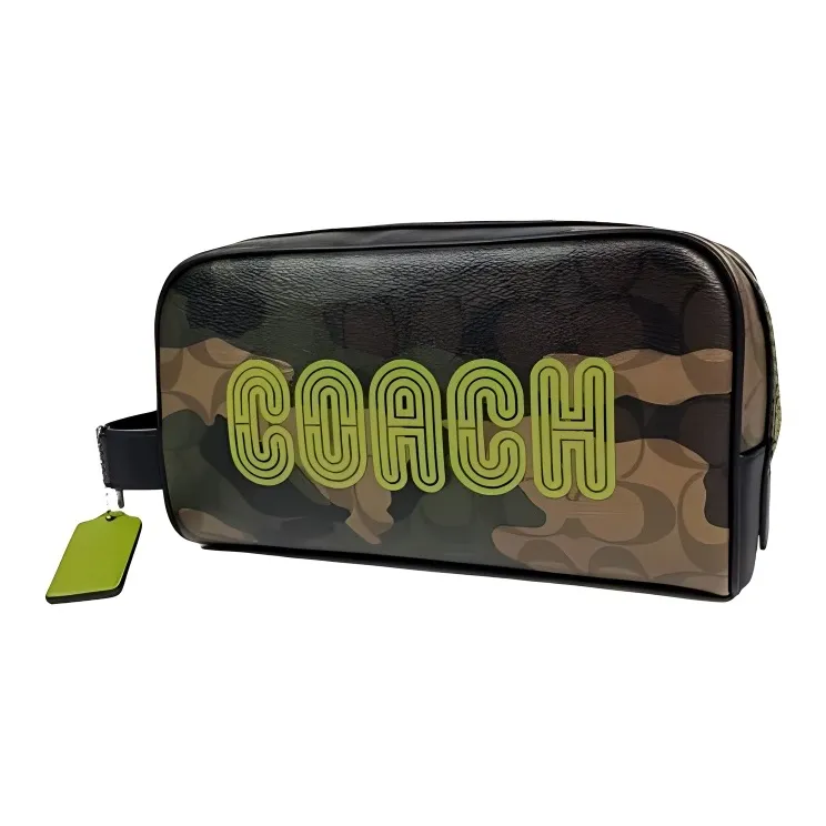COACH Travel Kit Signature Coated Canvas With Smooth Calfskin Travel Bag Clutch Small Size Women's Army Green-1