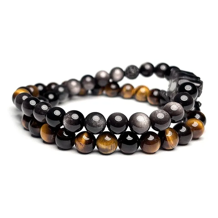 MOUNTAINS AND MANS Natural Obsidian New Chinese Style Stackable Good Luck Beaded Bracelet Men's-1
