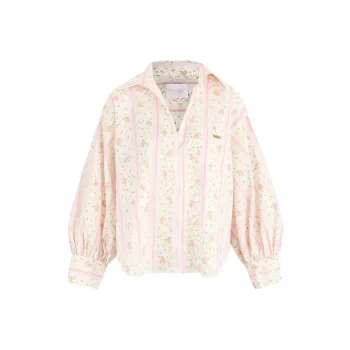 Selkie Collection SS25 Shirt Women's White Base Small Rose Vertical Stripes Print
