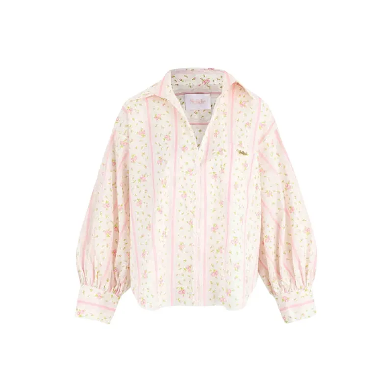 Selkie Collection SS25 Shirt Women's White Base Small Rose Vertical Stripes Print-0