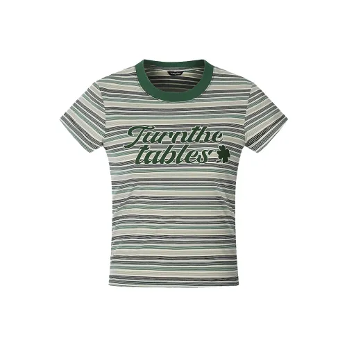 TURNTHETABLES Regular T Shirt Women's Green Gray Letter Stripes