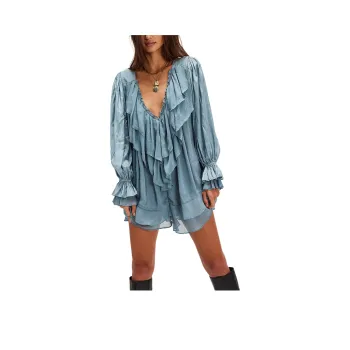 FREE PEOPLE Prairie Dust Romper Bodysuits Women's Dusty Bluc/Gray Blue
