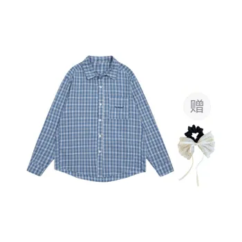 TUSHIFEI Shirt Unisex Blue Plaid+Hair Tie Comes With