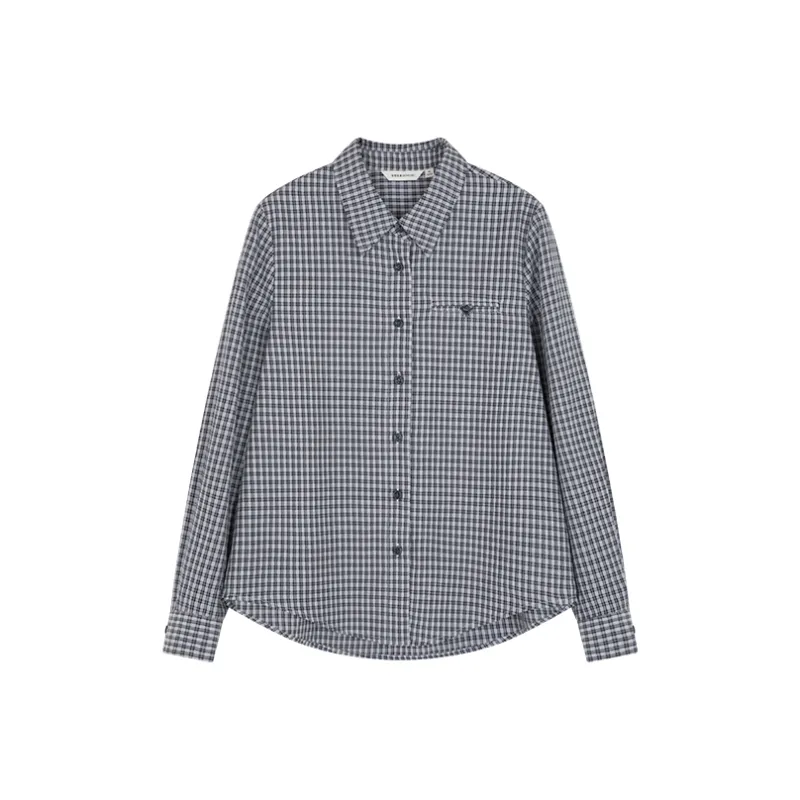 Mo Han Yi Mei Shirt Women's Navy Blue Checkered-0