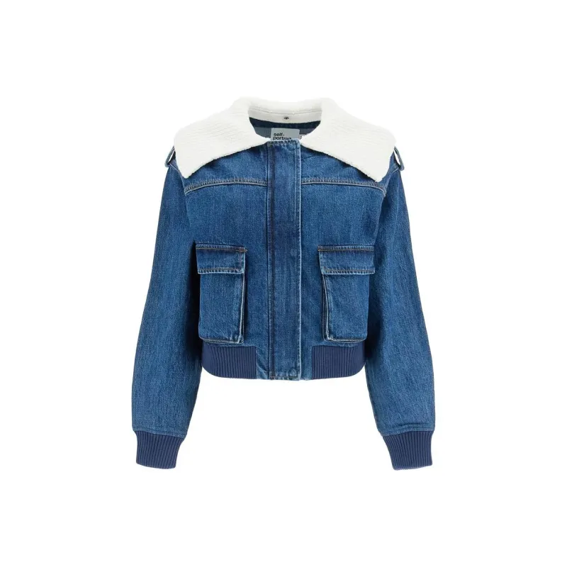 Self portrait Denim Knitted Collar Jacket-0