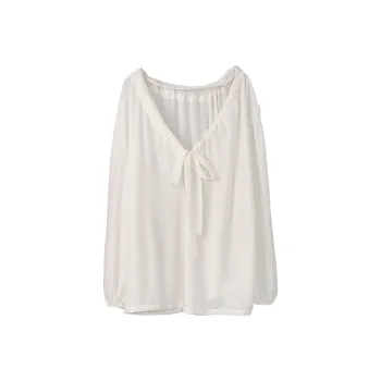 Fstudio Early Spring Korean Style Loose Fit V Neck Lightweight Long Sleeved Base Shirt Women's Beige