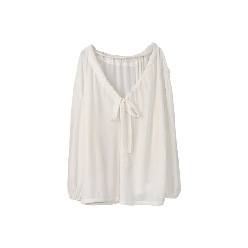 Fstudio Early Spring Korean Style Loose Fit V Neck Lightweight Long Sleeved Base Shirt Women's Beige-0
