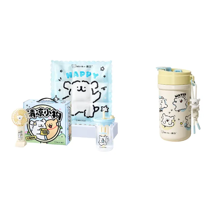 YANCANG x Line Puppies Cartoon Style Summer Practical Water Cup Glass Straw Cup Handheld Fan Ice Mat Set-14