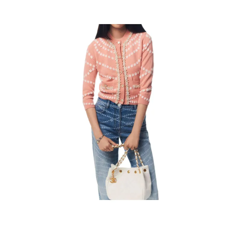 CHANEL 25P Cashmere Sweater Women's Pink White-0