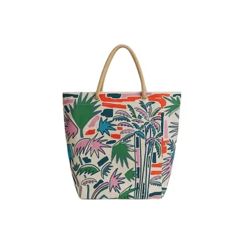 HERMES Beach 100% Cotton Beach Bag, Tote Bag, Shopping Bag, Handbag Women's Cerulean & Green & Coral