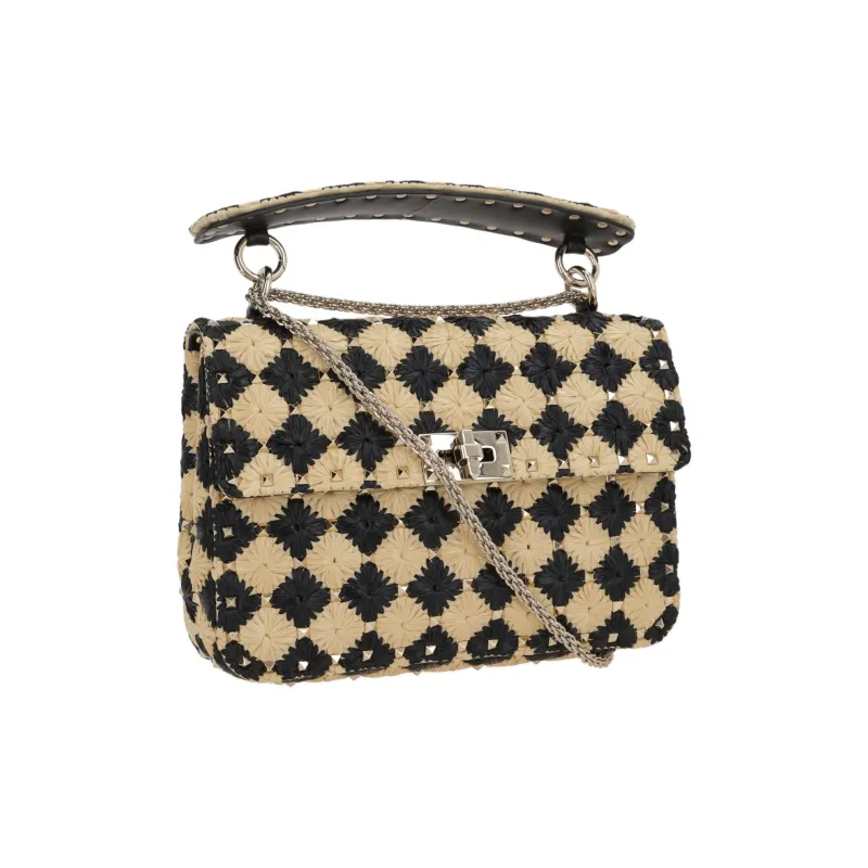 Valentino ROCKSTUD SPIKE Raffia One Shoulder Handbag Medium Size Women's Khaki & Black-1