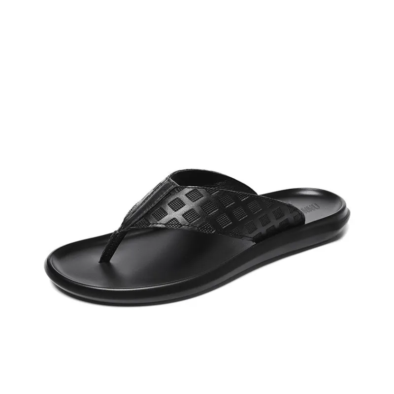 Dunnu Rubber Sole Leather Patchwork Quiet Flip Flops Men's Black Plaid-1