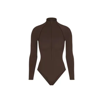 SKIMS SEAMLESS SCULPT ZIP FRONT LONG SLEEVE THONG BODYSUIT Bodysuits Women's ESPRESSO/Dark Coffee Color