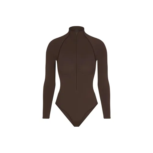 SKIMS SEAMLESS SCULPT ZIP FRONT LONG SLEEVE THONG BODYSUIT Bodysuits Women's ESPRESSO/Dark Coffee Color